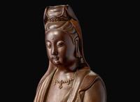A large silver-inlaid bronze standing figure of Guanyin, signed Yu Tang Shi Sou 銅嵌銀觀音像 玉堂石叟款