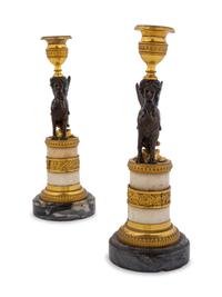 A Pair of Empire Style Gilt Bronze Mounted Marble Candlesticks