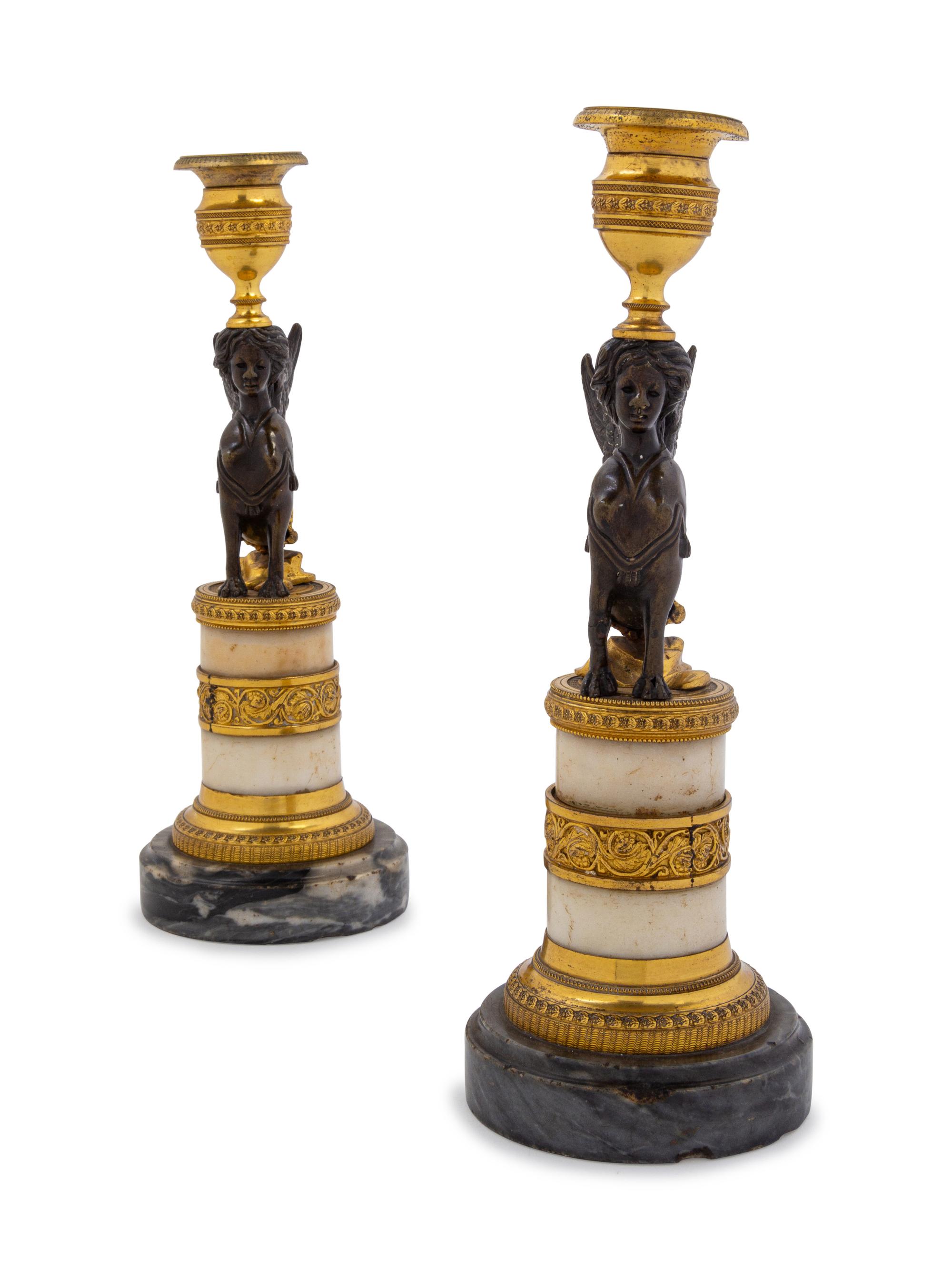 A Pair of Empire Style Gilt Bronze Mounted Marble Candlesticks