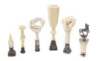 A Collection of Five Continental Carved Ivory Seals, Height of tallest 4 1/4 inches.