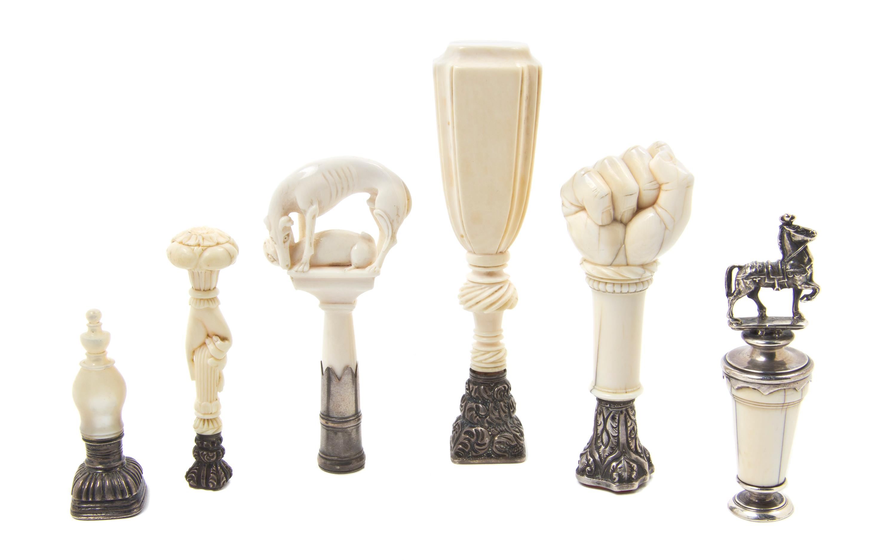 A Collection of Five Continental Carved Ivory Seals, Height of tallest 4 1/4 inches.