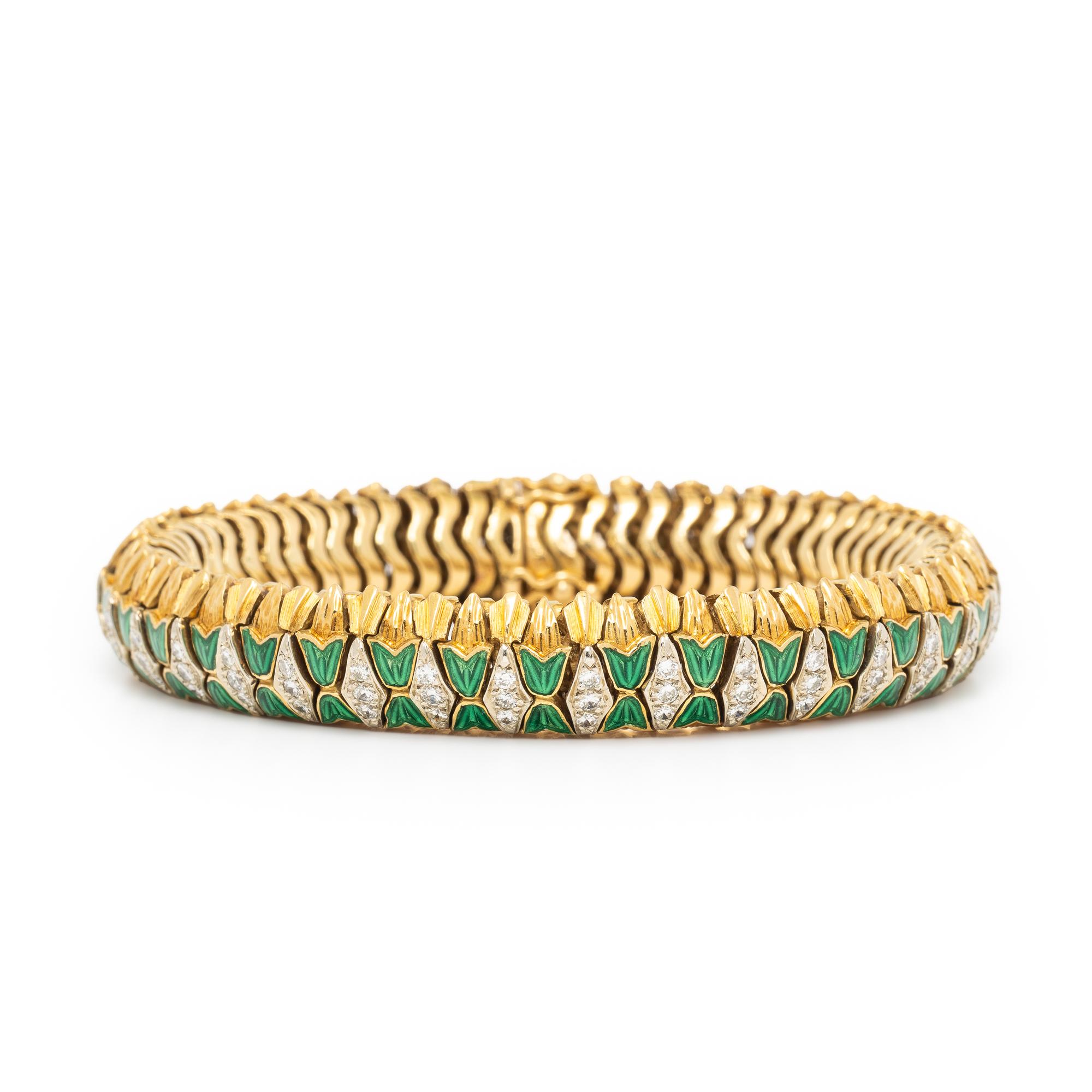 Diamond, Enamel, and Yellow Gold Flexible Bracelet