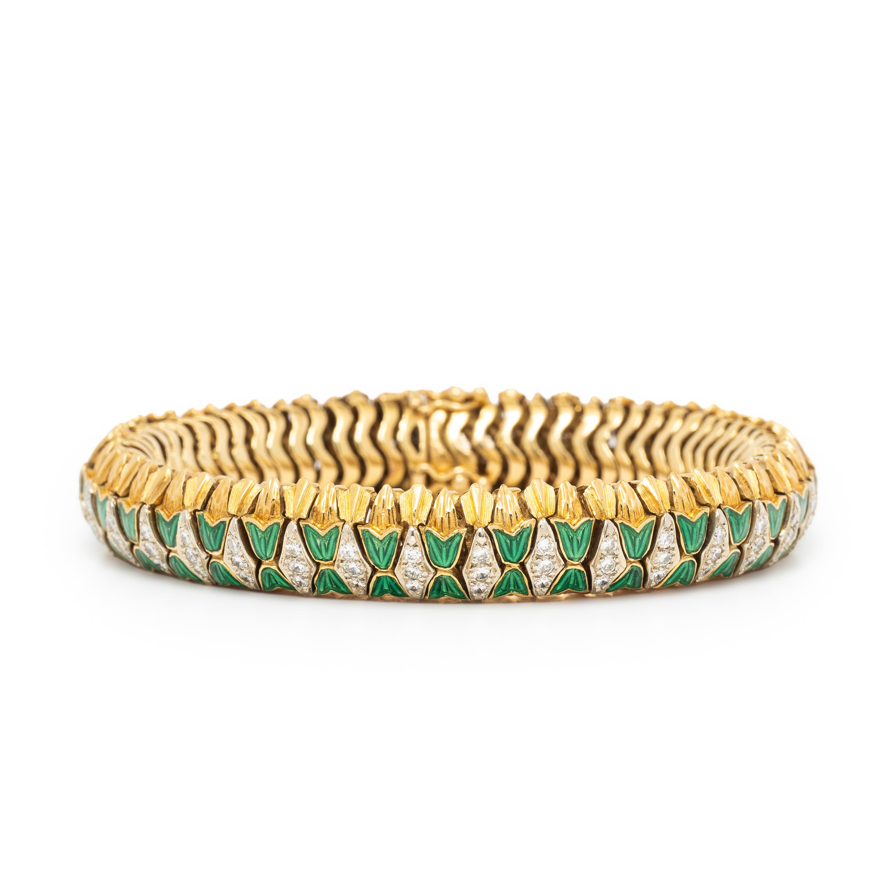 Diamond, Enamel, and Yellow Gold Flexible Bracelet