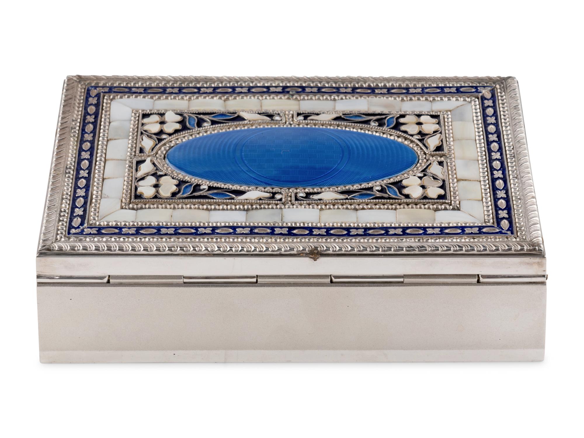 A Cooke and Kelvey Enamel and Mother of Pearl-Inset Silver Box