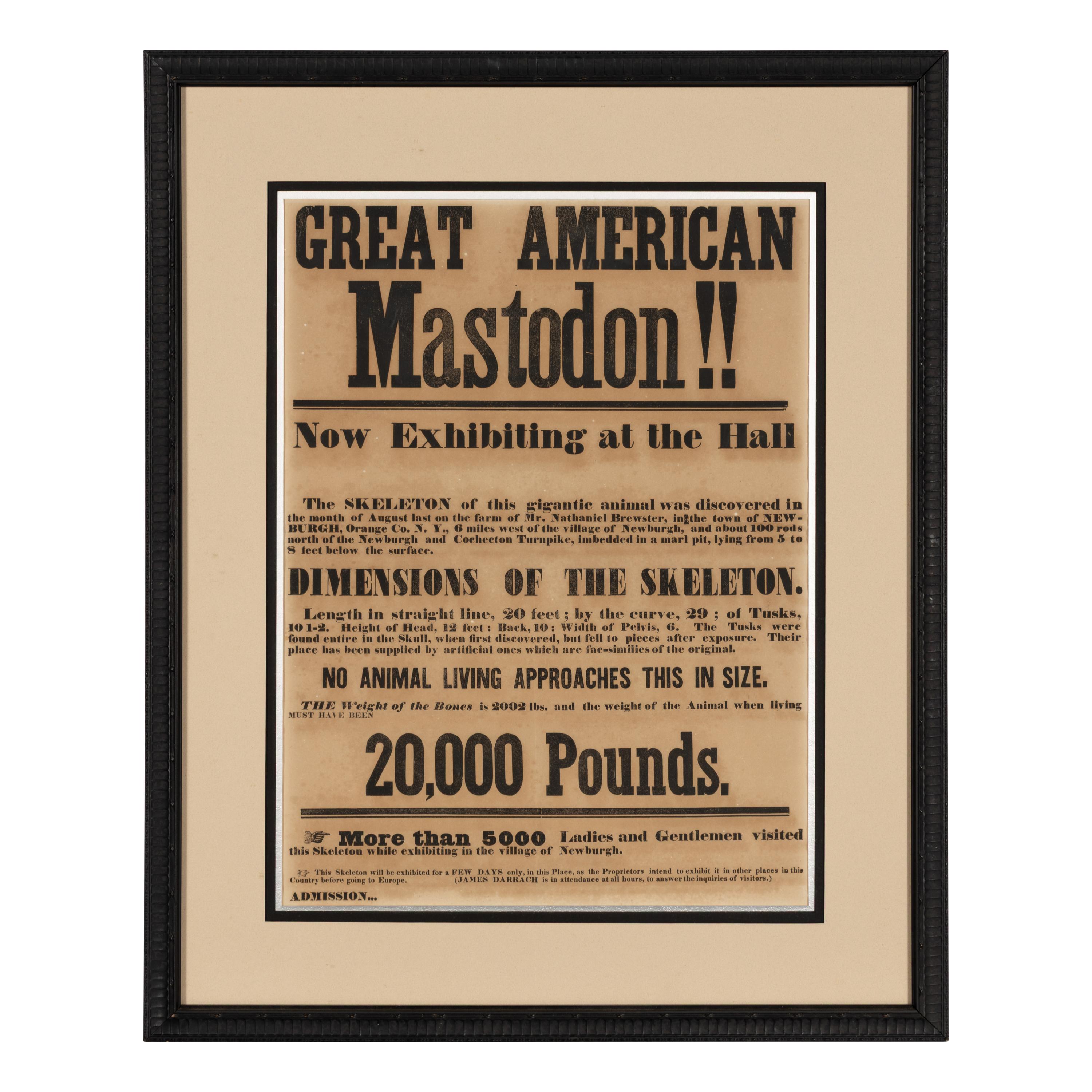 [Warren Mastodon]. Great American Mastodon!! Now Exhibiting at the Hall . Newburgh, NY: n.p., n.d. [ca 1846].