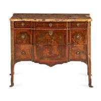A Louis XV/XVI Transitional Style Gilt Bronze Mounted Marquetry and Marble-Top Commode