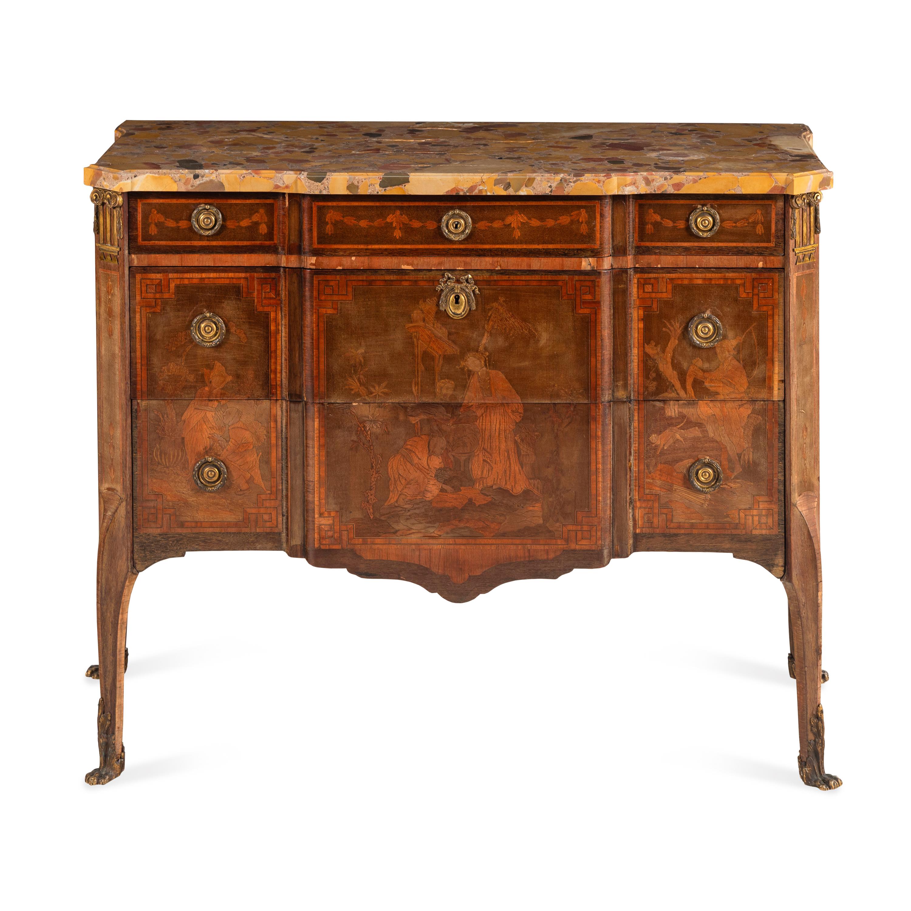 A Louis XV/XVI Transitional Style Gilt Bronze Mounted Marquetry and Marble-Top Commode