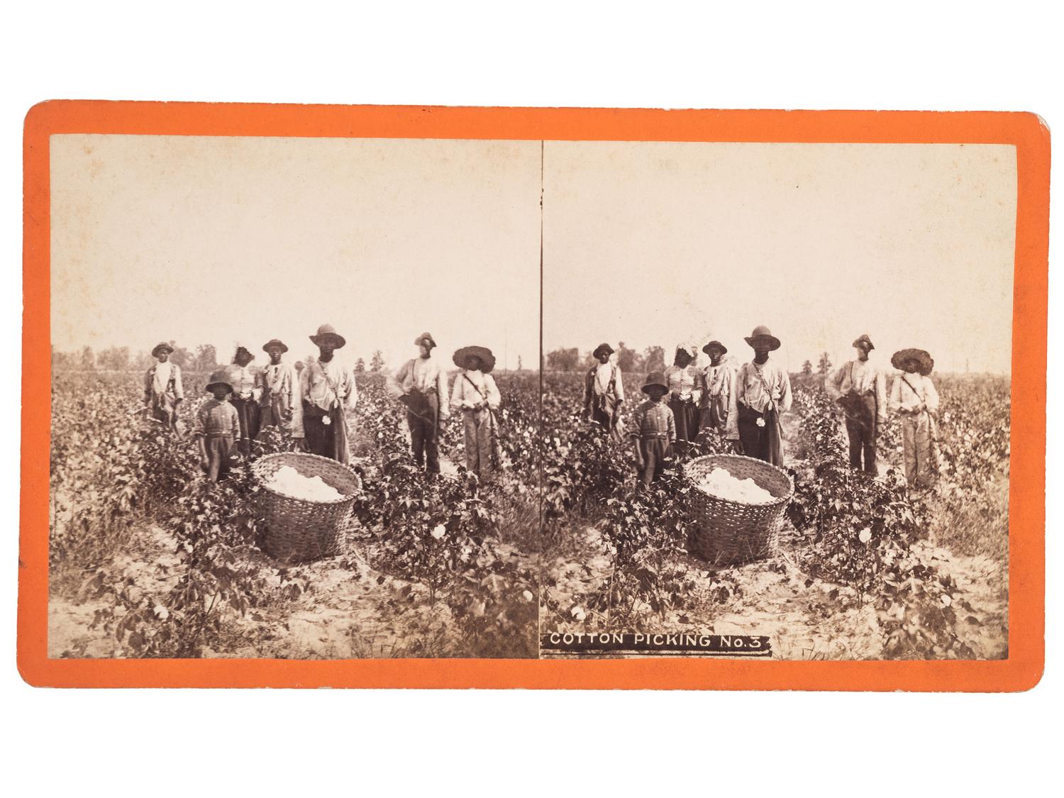 [EARLY PHOTOGRAPHY]. PALMER, J.A., and HAVENS, photographers. A group of 2 stereoviews of African American subjects, incl. Chimney Sweeps and Cotton Pickers . Ca 1870s.