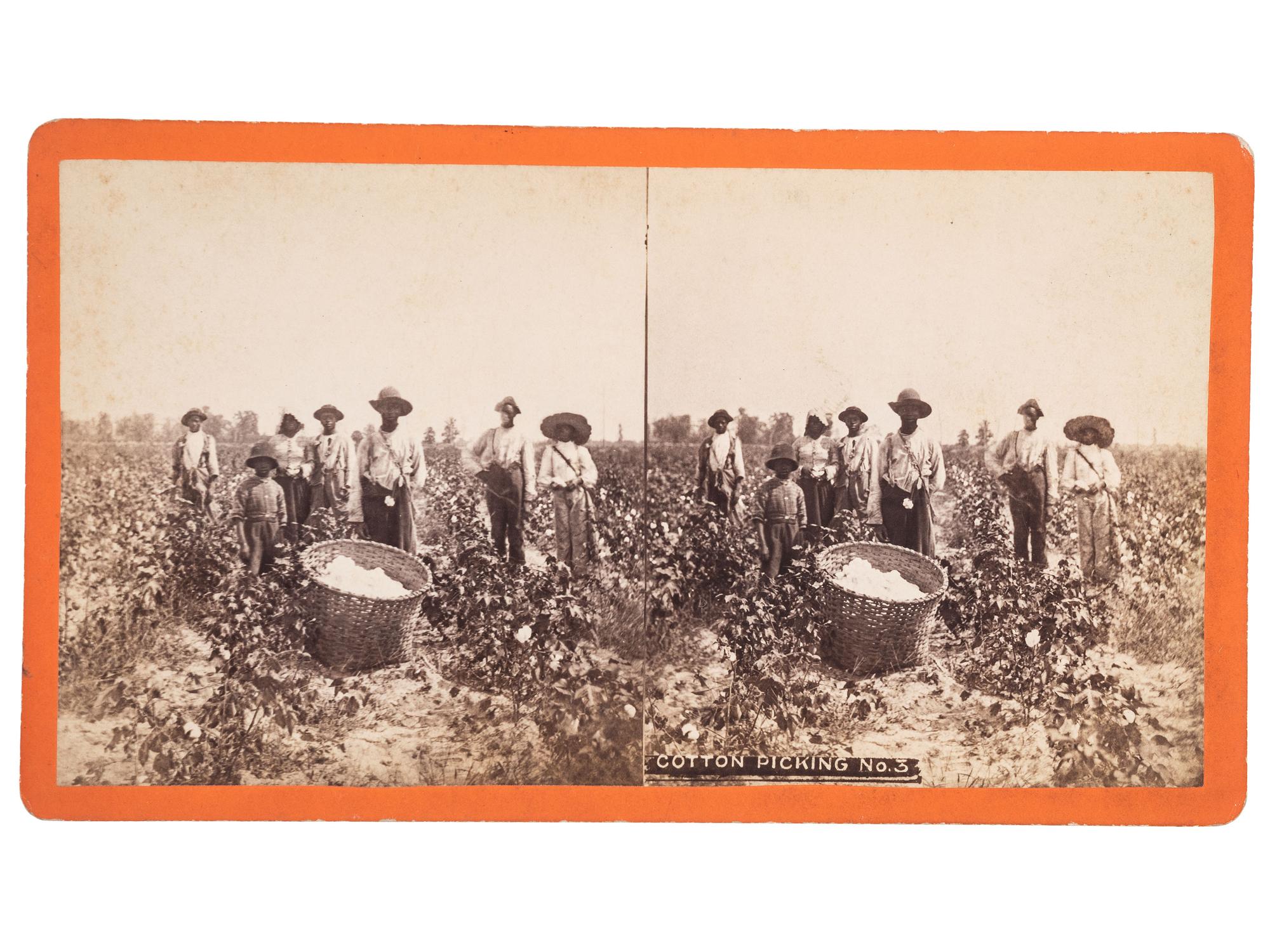 [EARLY PHOTOGRAPHY]. PALMER, J.A., and HAVENS, photographers. A group of 2 stereoviews of African American subjects, incl. Chimney Sweeps and Cotton Pickers . Ca 1870s.
