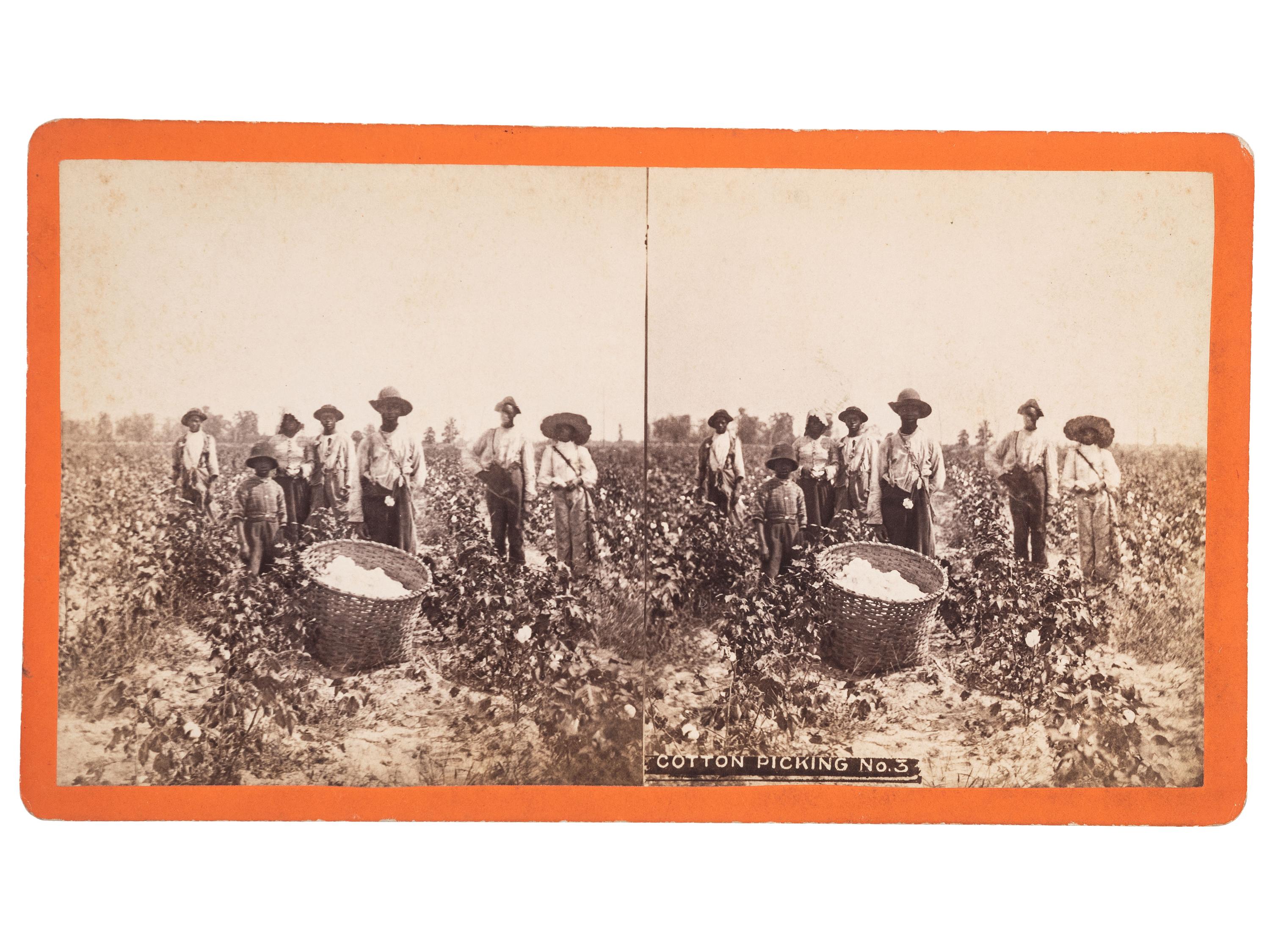 [EARLY PHOTOGRAPHY]. PALMER, J.A., and HAVENS, photographers. A group of 2 stereoviews of African American subjects, incl. Chimney Sweeps and Cotton Pickers . Ca 1870s.