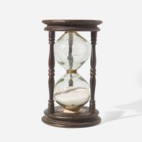 A rare large painted pine and blown glass sand timer or hour glass New England, 18th century