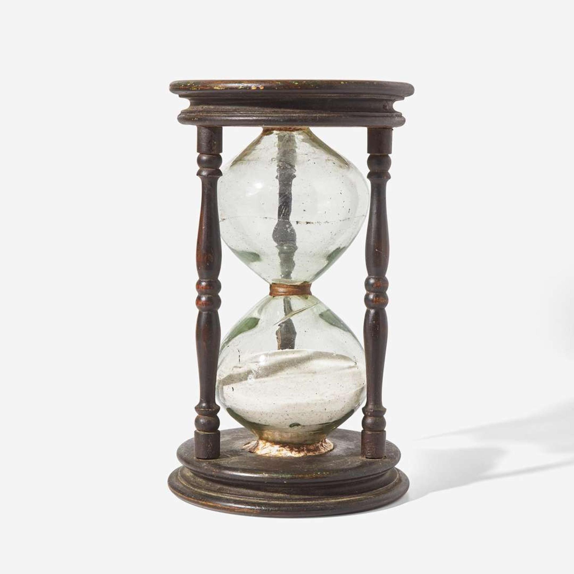A rare large painted pine and blown glass sand timer or hour glass New England, 18th century