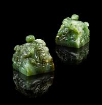 A Rare Pair of Chinese Imperial Spinach Jade Seals 18TH CENTURY, LIKELY QIANLONG PERIOD — 18TH CENTURY, LIKELY QIANLONG PERIOD