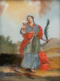 A Continental Reverse Painting on Glass Depicting Saint Catherine