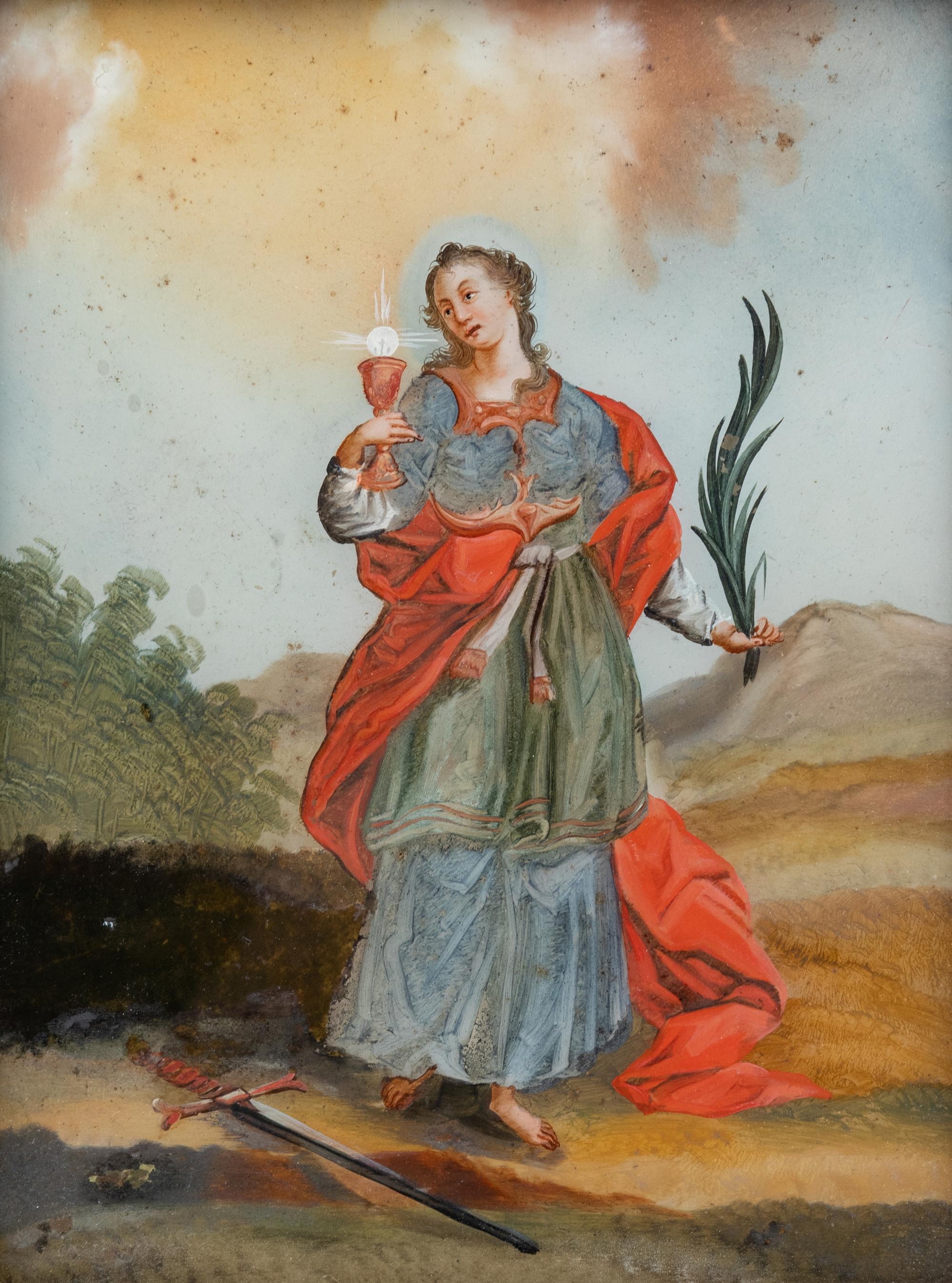 A Continental Reverse Painting on Glass Depicting Saint Catherine