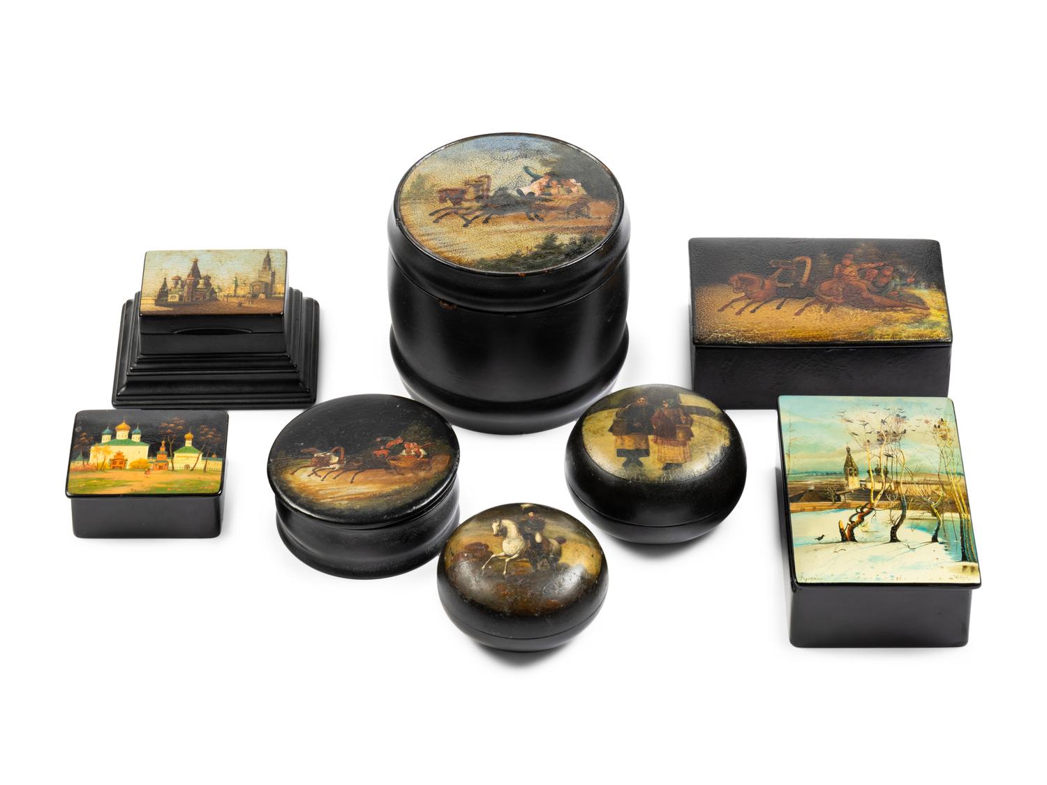 A Group of Eight Russian Lacquer Boxes