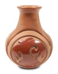 Carved Two-Toned Redware Pottery Jar