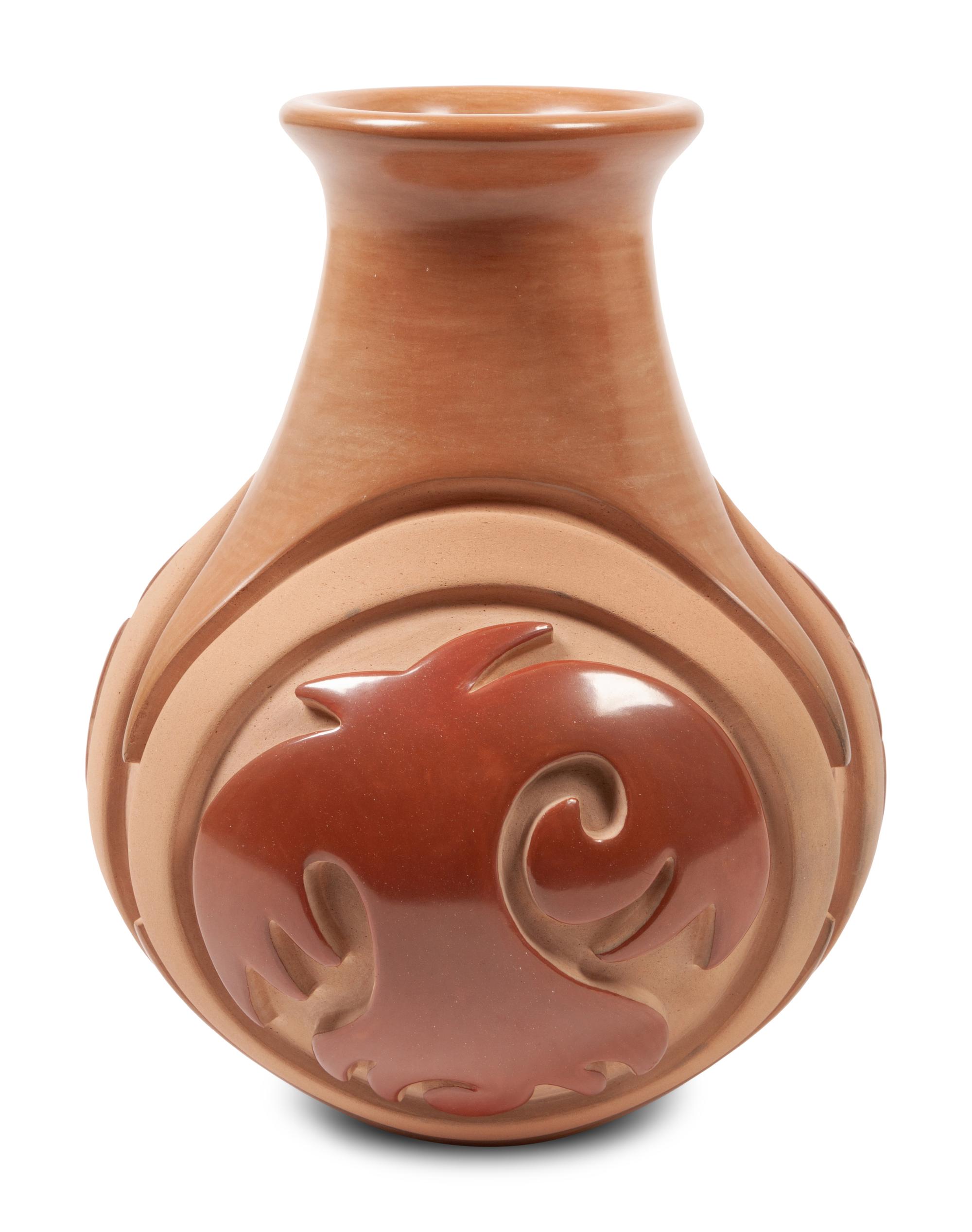 Carved Two-Toned Redware Pottery Jar