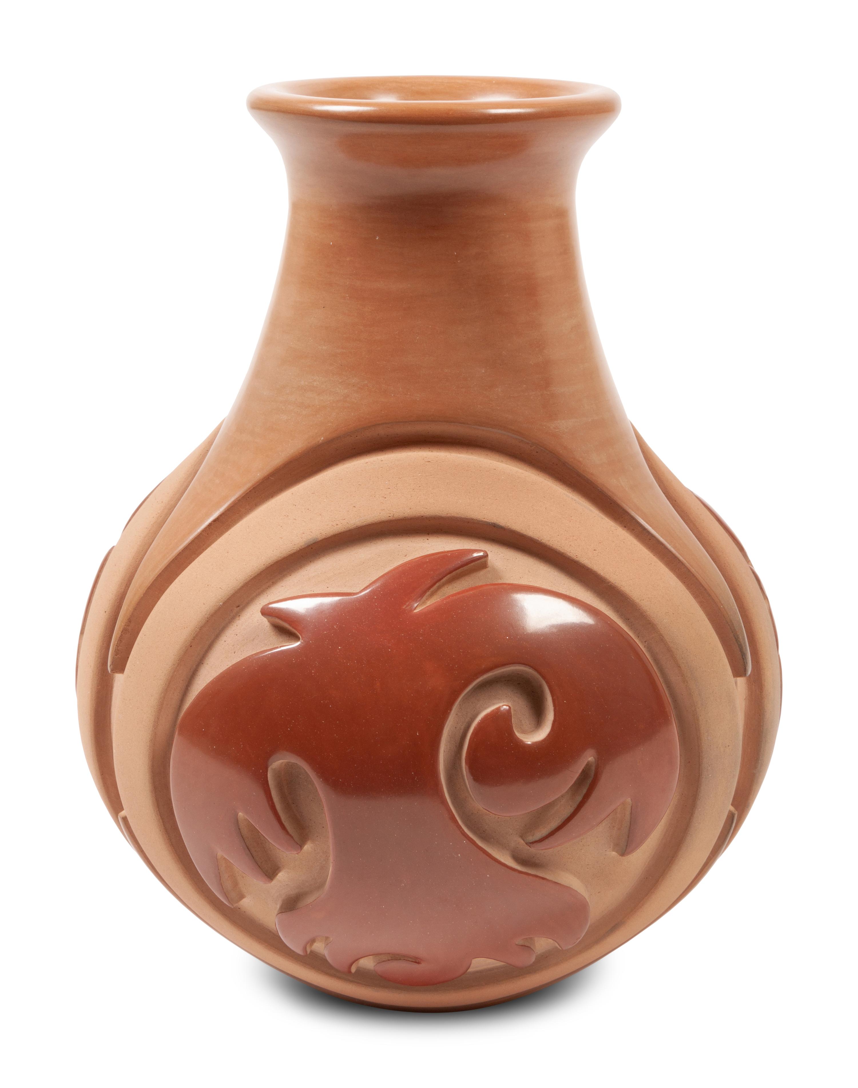 Carved Two-Toned Redware Pottery Jar