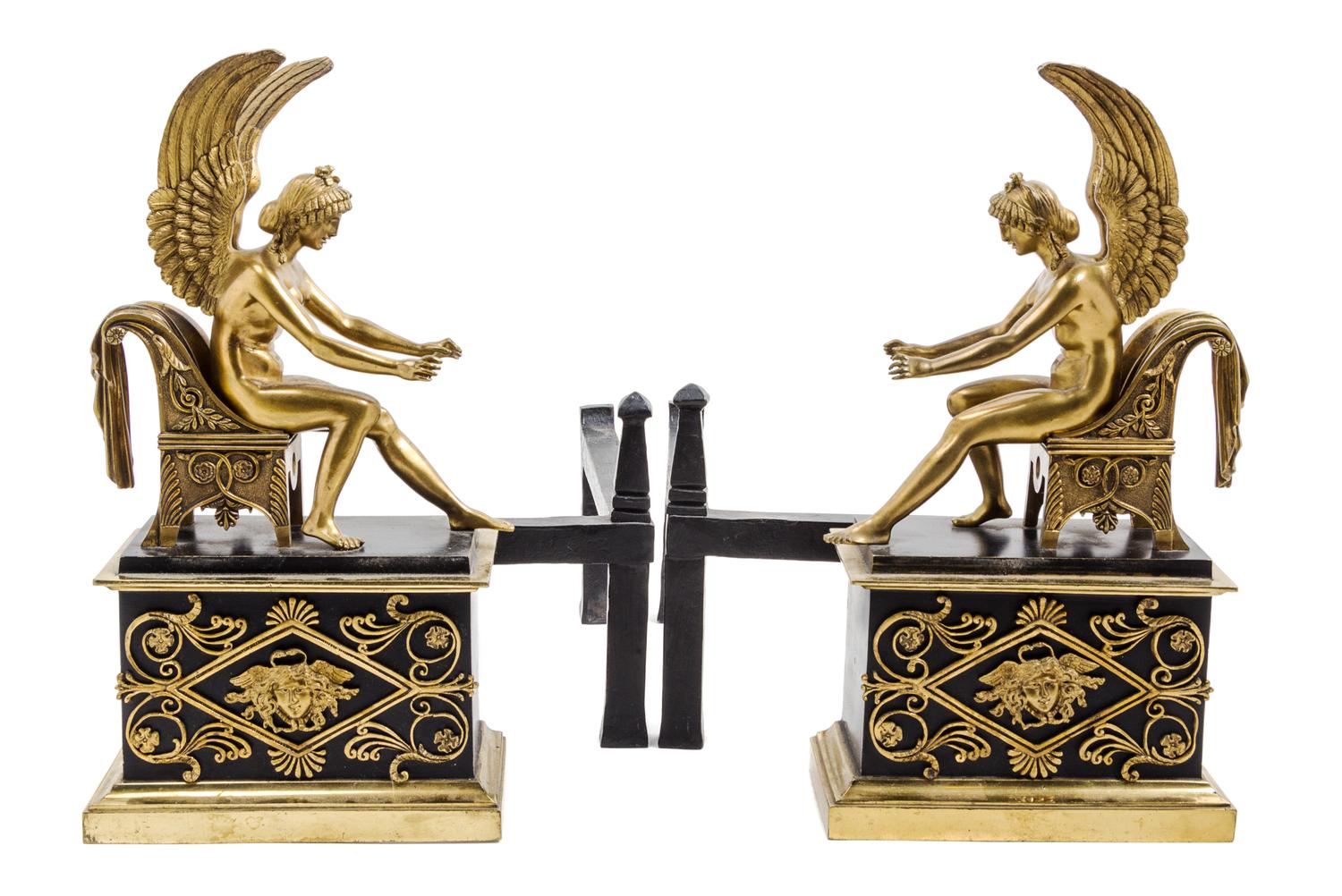 A Pair of Empire Style Gilt and Patinated Bronze Chenets Height 13 5/8 inches.