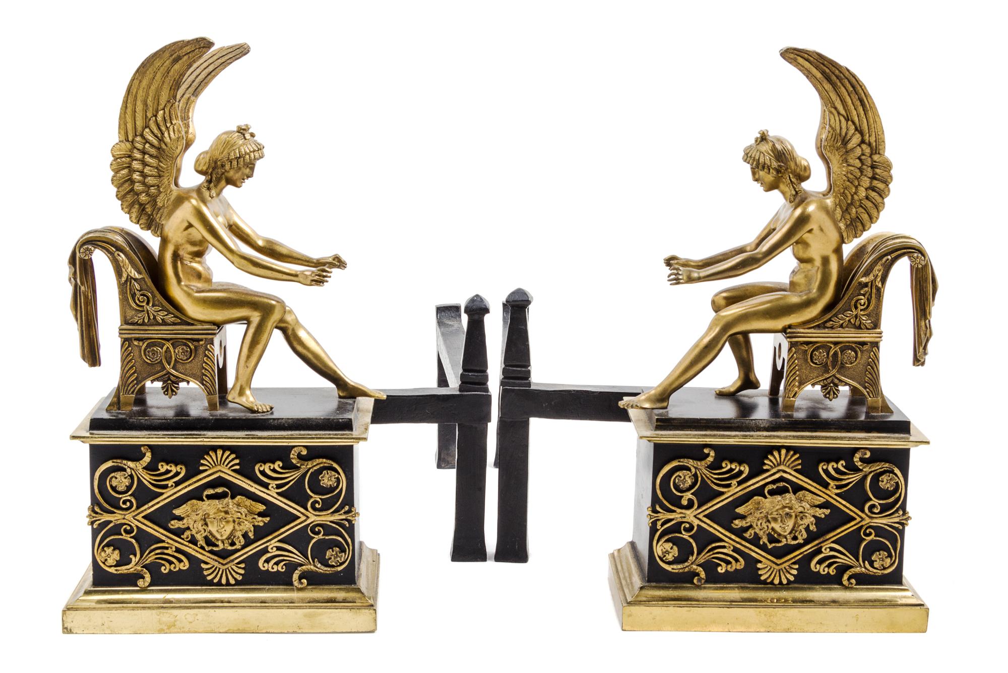 A Pair of Empire Style Gilt and Patinated Bronze Chenets Height 13 5/8 inches.