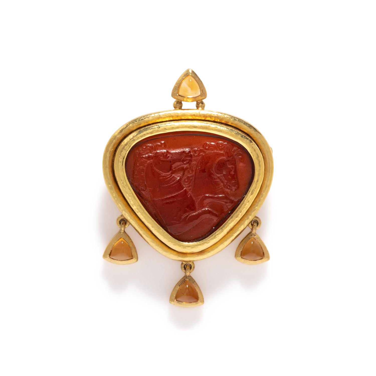 ELIZABETH LOCKE, YELLOW GOLD, CITRINE AND GLASS AND MOTHER-OF-PEARL CAMEO BROOCH