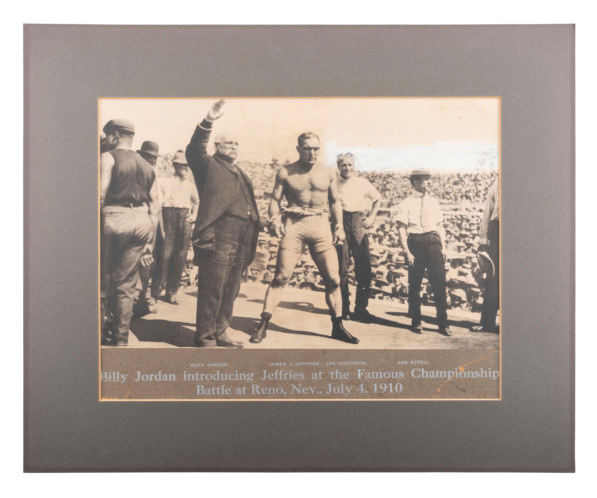 [BOXING]. A group of 3 large format photographs of the Jack Johnson and James Jeffries championship battle at Reno, Nevada. 4 July 1910.