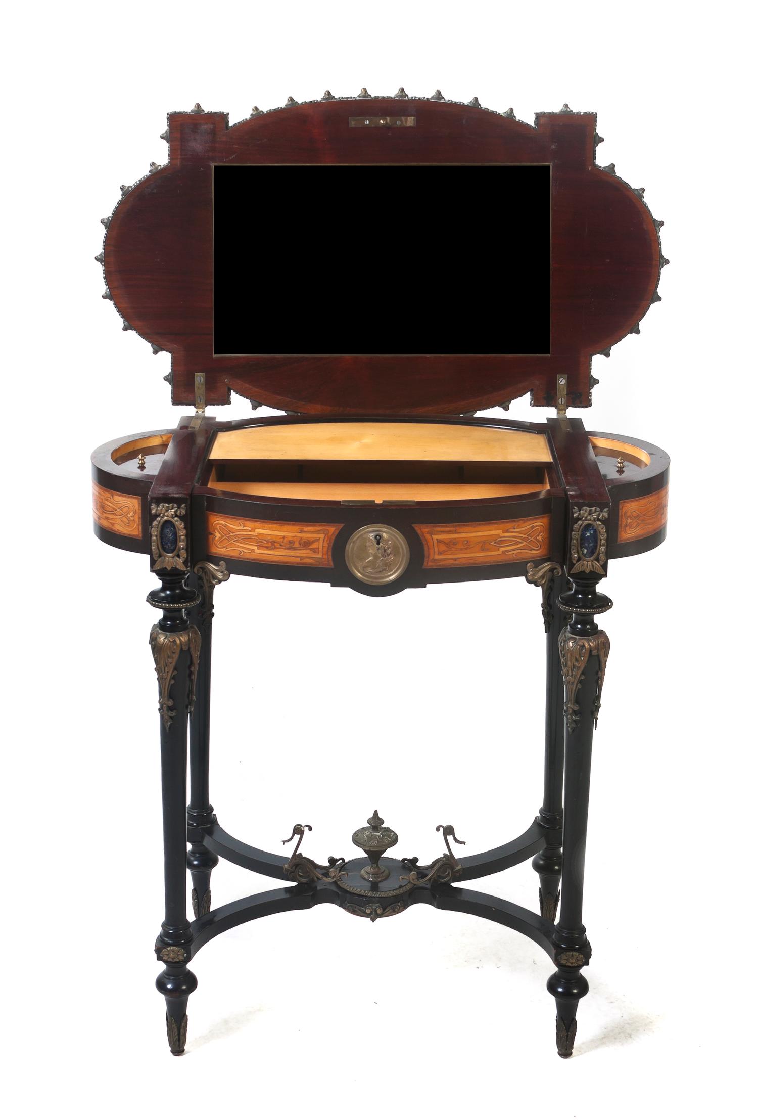 A Neoclassical Style Fruitwood and Marquetry Occasional Table, Height 28 x width 28 1/2 x depth 15 1/2 inches.