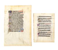 (ILLUMINATED MANUSCRIPT) Two illuminated manuscript leaves, 15th century.