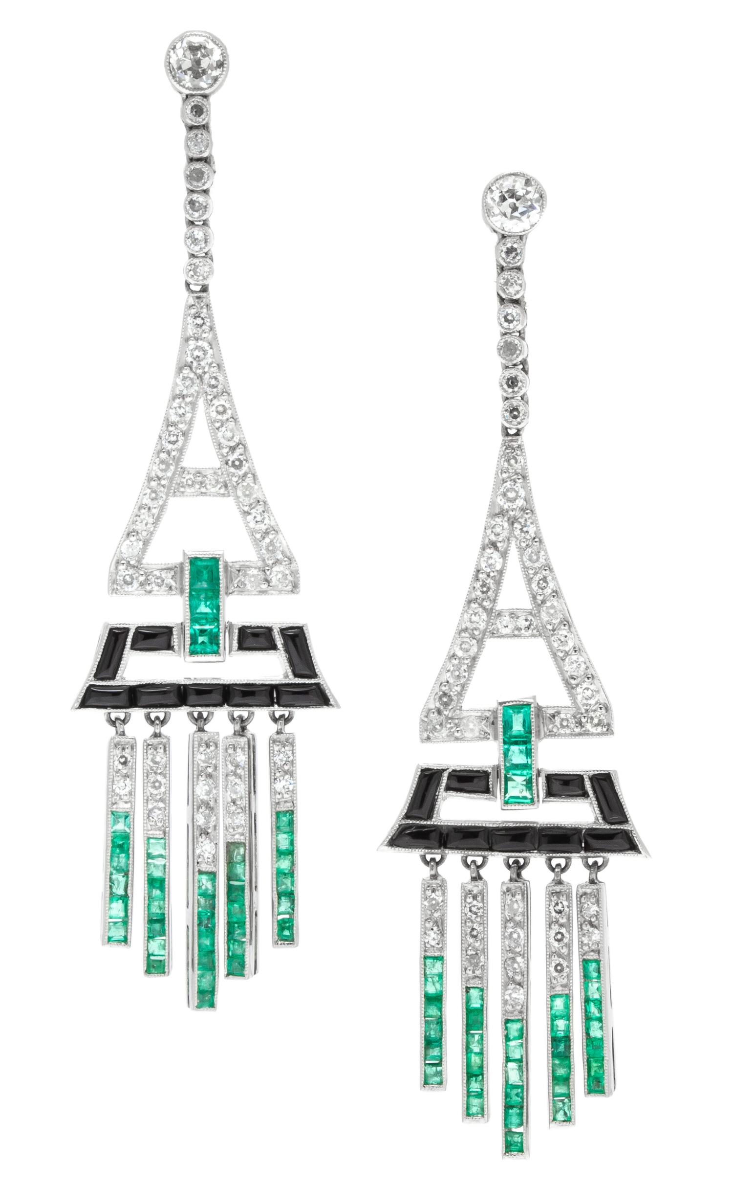 A Pair of Platinum, Diamond, Emerald and Onyx Drop Earrings, 10.40 dwts.