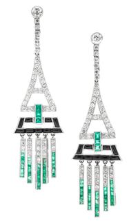 A Pair of Platinum, Diamond, Emerald and Onyx Drop Earrings, 10.40 dwts.