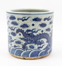 A Blue and White Porcelain Brush Pot Height 7 3/4 x diameter 8 3/8 inches.