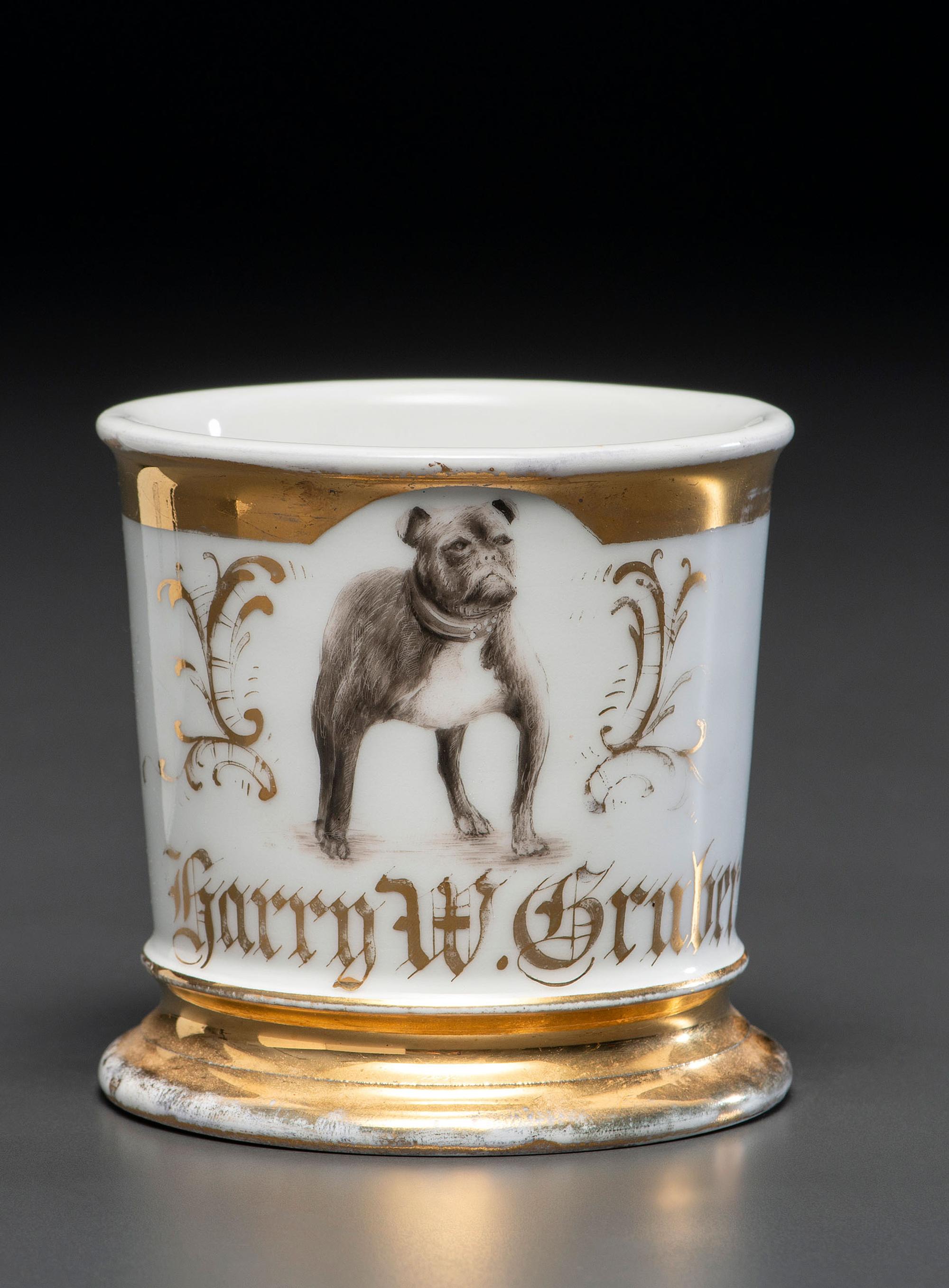 A Porcelain Shaving Mug Depicting an American Bulldog