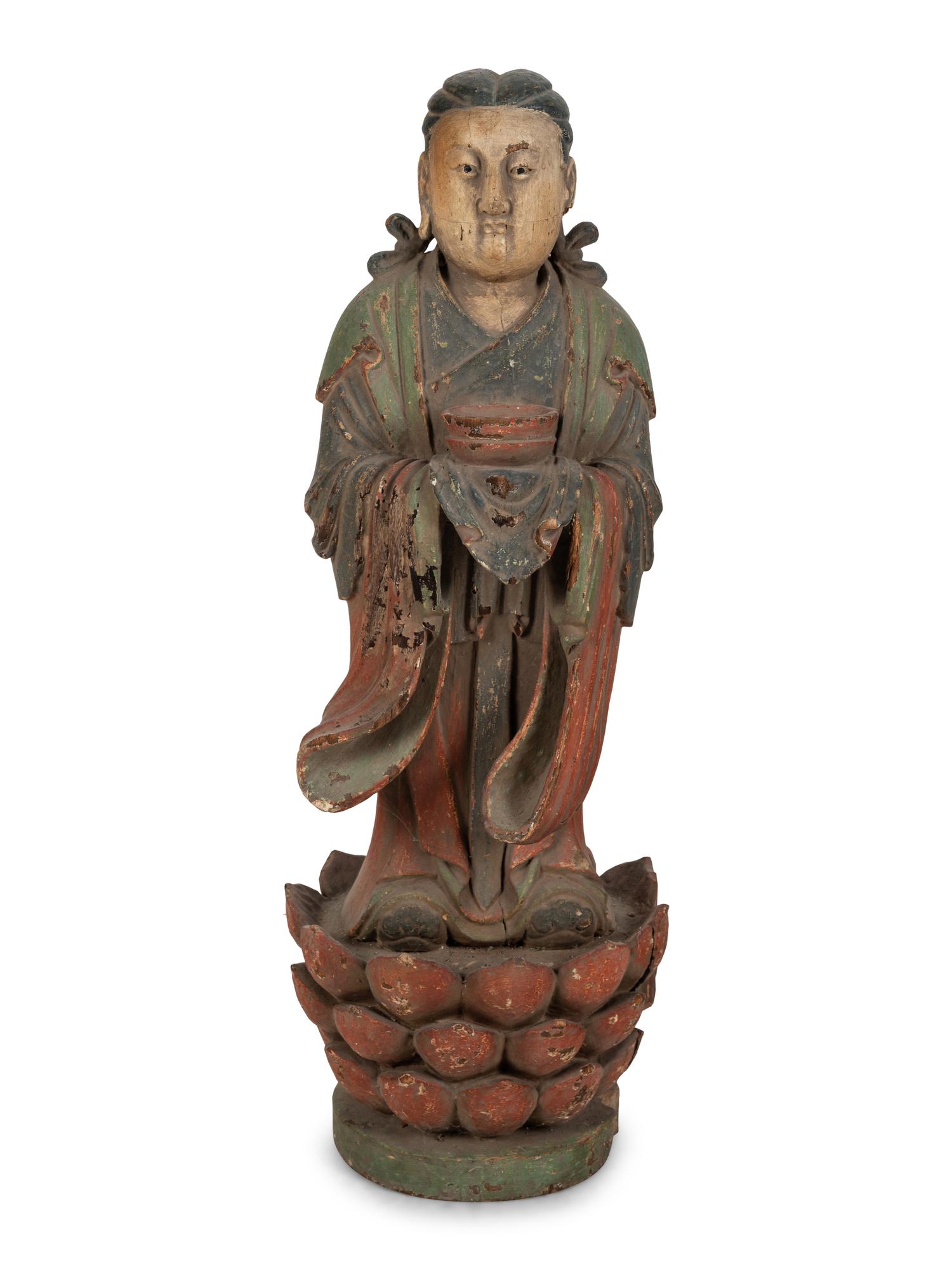 A Chinese Carved Wood Standing Figure with Polychrome Decoration