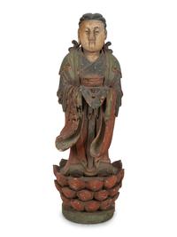 A Chinese Carved Wood Standing Figure with Polychrome Decoration