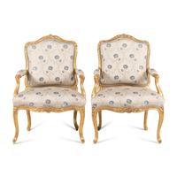 A Pair of Louis XV Carved and Giltwood Fauteuils à la Reine