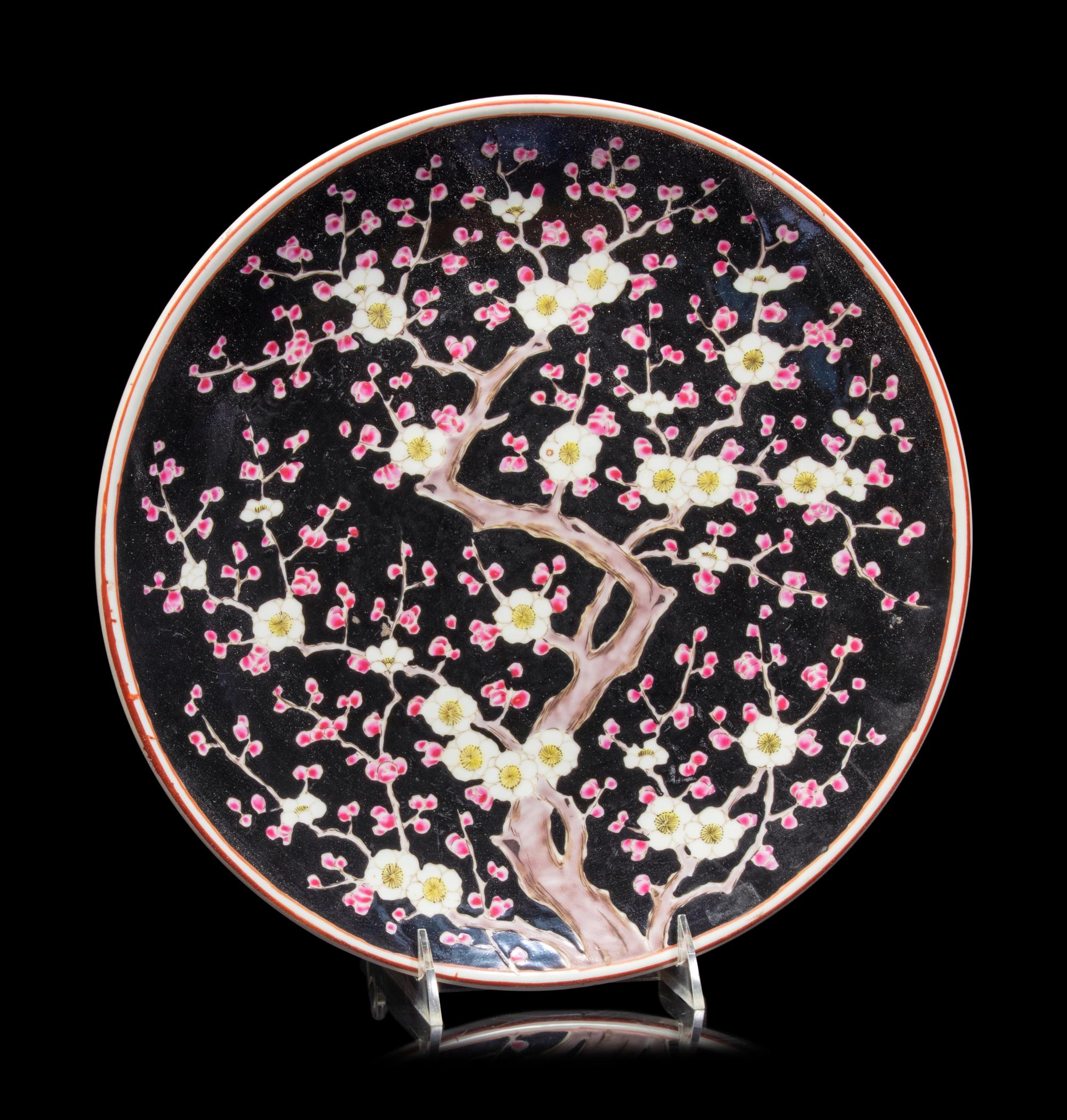 A Pair of Black Ground Cloisonné Vases and A Black Ground Polychrome Enameled Porcelain Charger