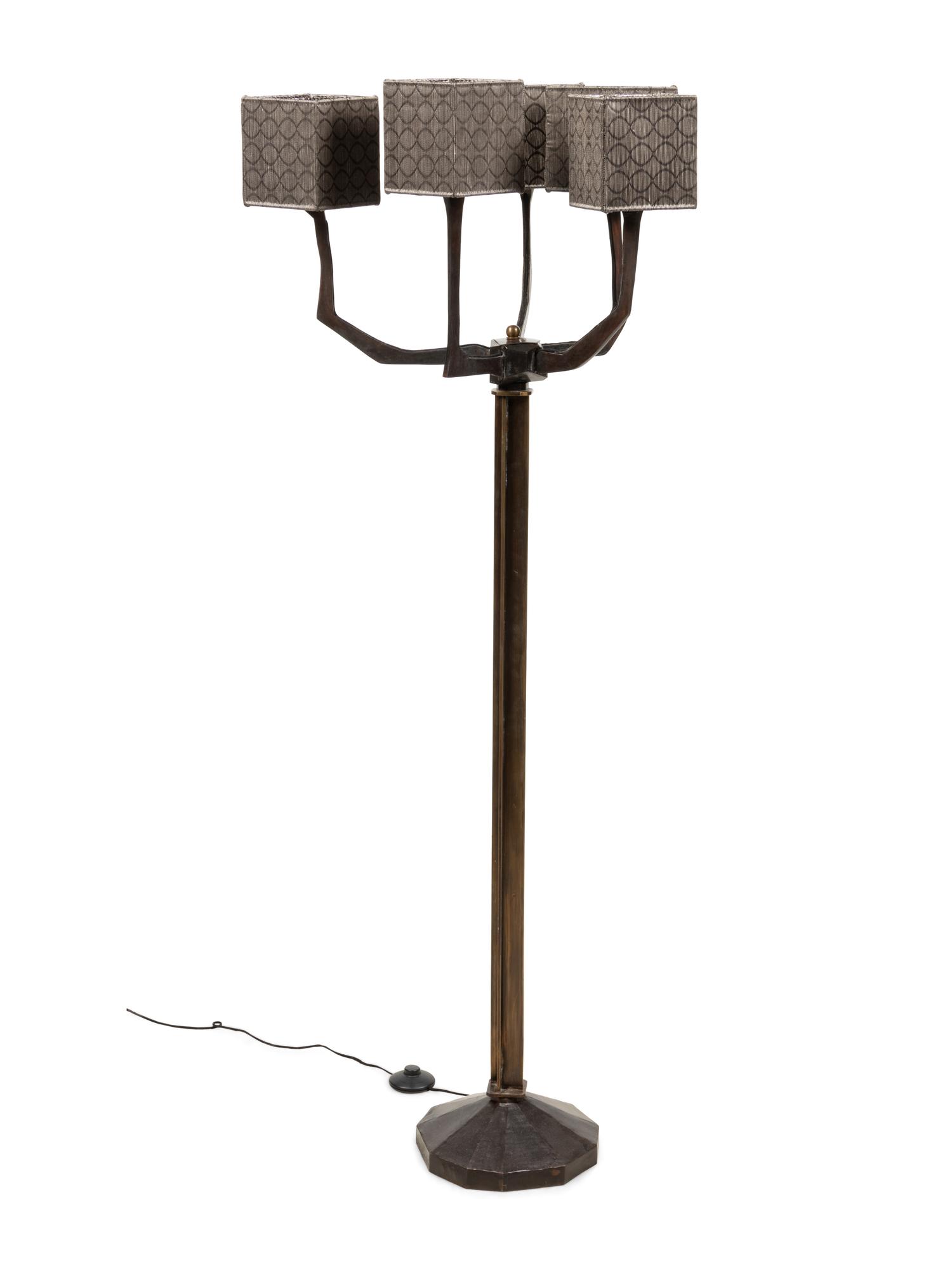 A Brutalist Style Bronze Floor Lamp with Custom Silk Shades