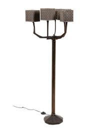 A Brutalist Style Bronze Floor Lamp with Custom Silk Shades