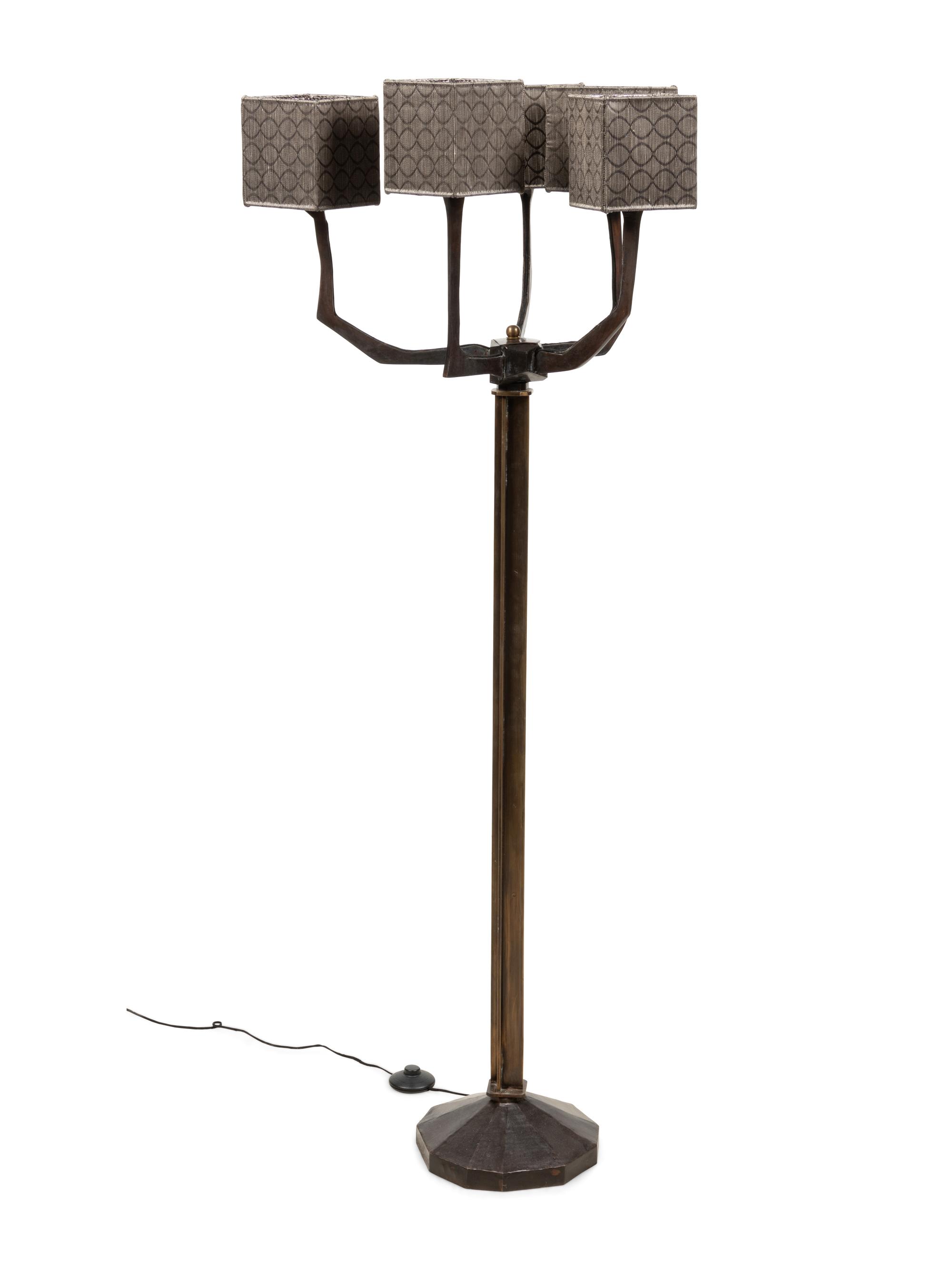 A Brutalist Style Bronze Floor Lamp with Custom Silk Shades