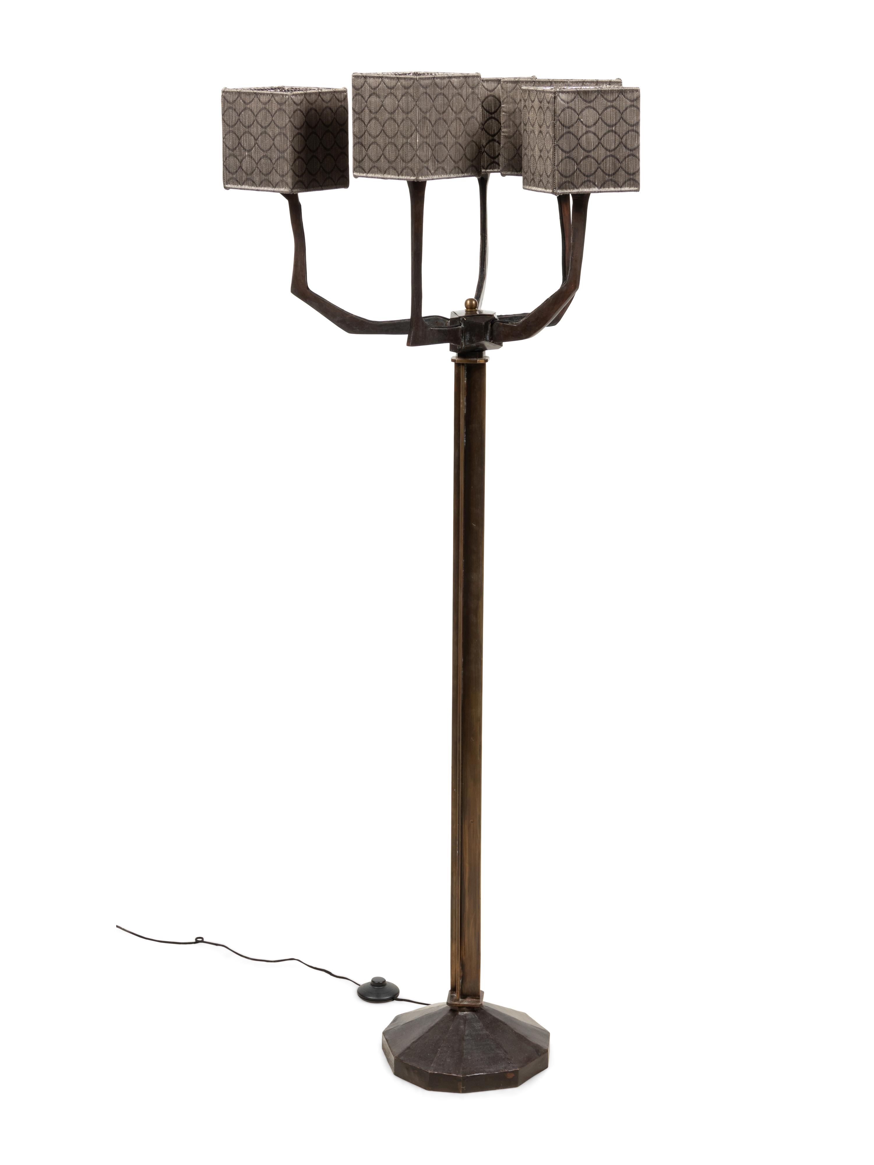A Brutalist Style Bronze Floor Lamp with Custom Silk Shades