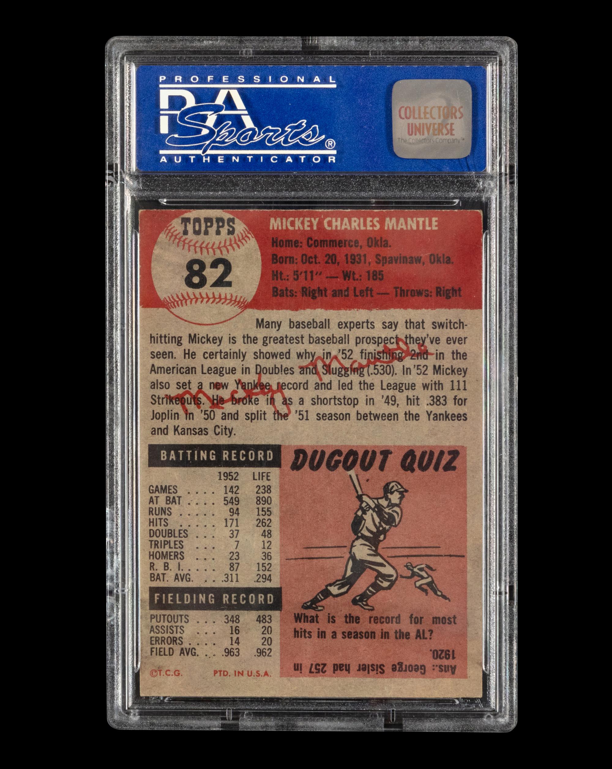 A 1953 Topps Mickey Mantle Baseball Card No. 82 (PSA 6 EX-MT OC)