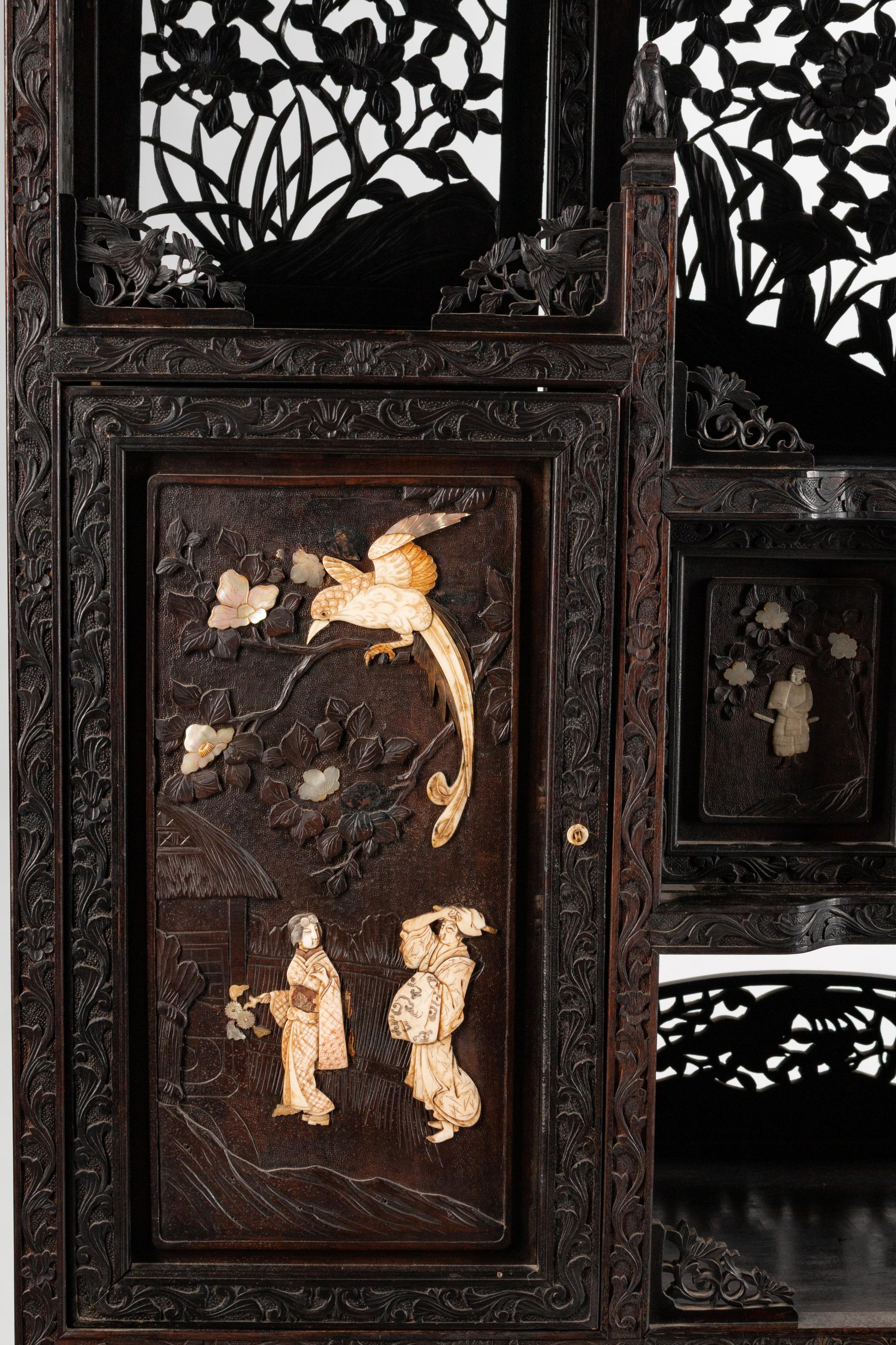 A Japanese Bone-Mounted Pierce-Carved Hardwood Cabinet on Stand — 19TH CENTURY
