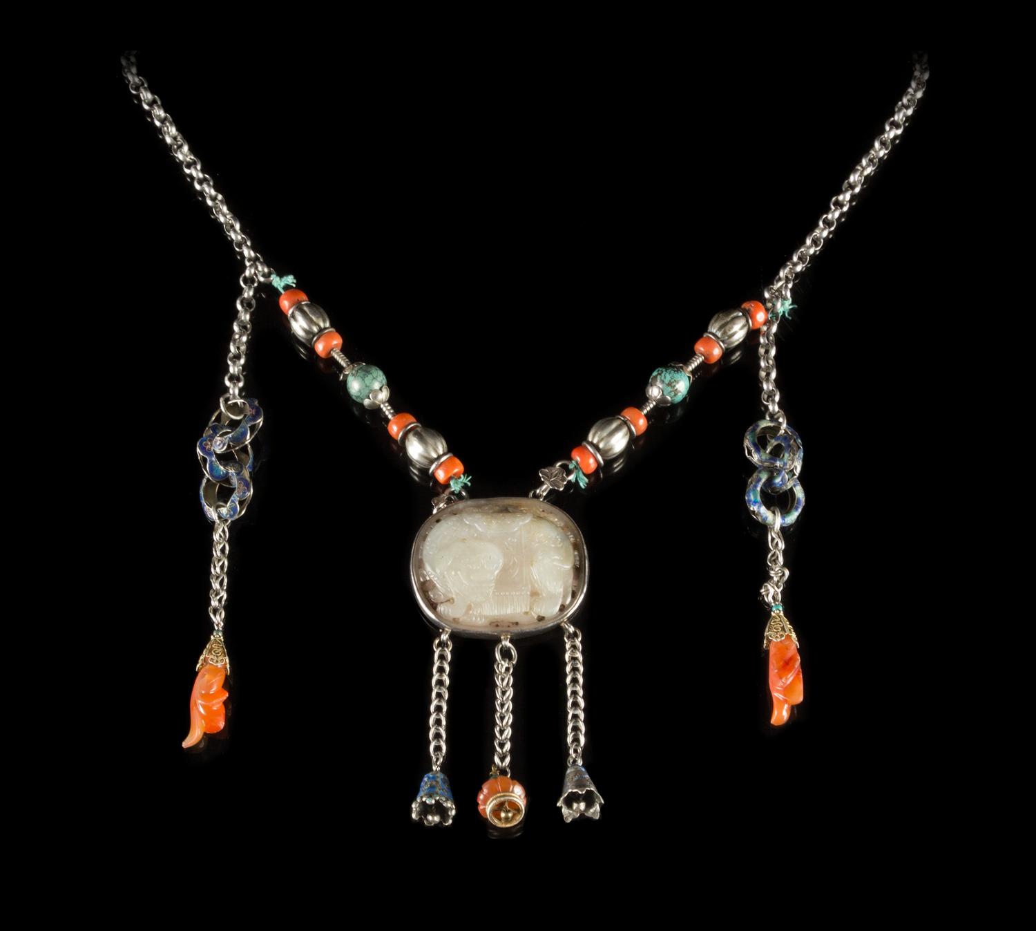 A Carved White Jade Inset Silver Necklace — QING DYNASTY