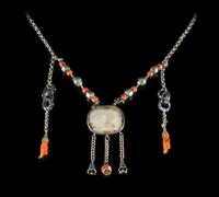 A Carved White Jade Inset Silver Necklace — QING DYNASTY