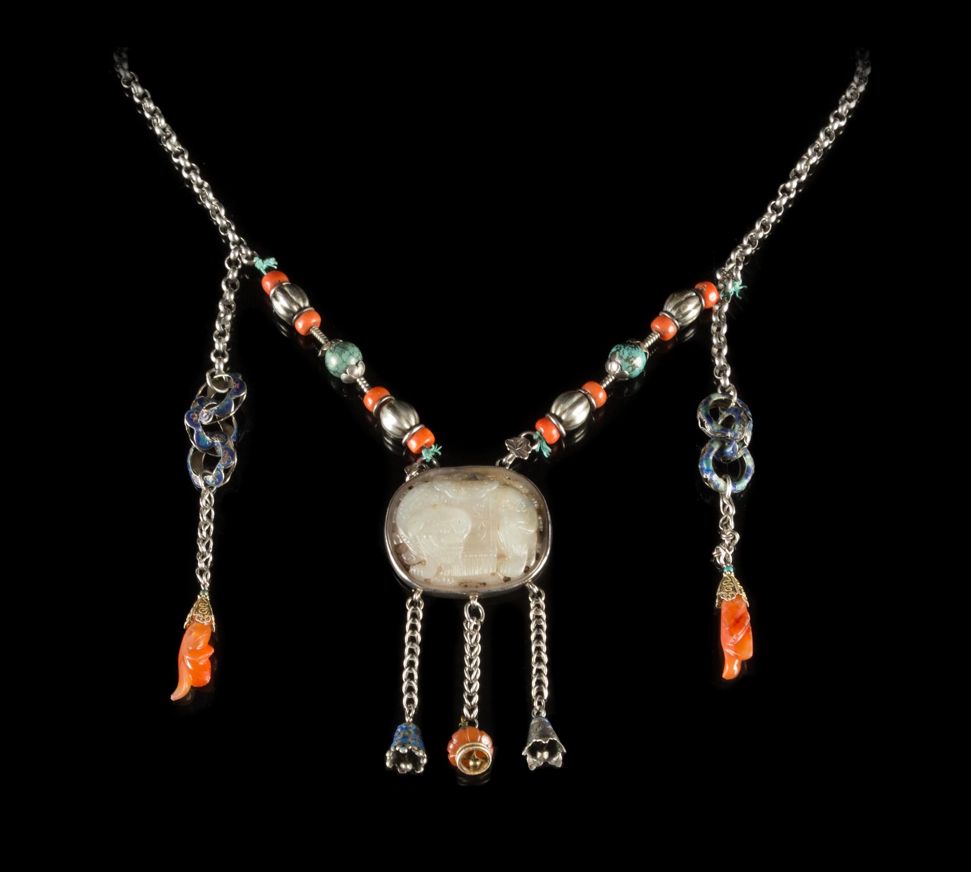 A Carved White Jade Inset Silver Necklace — QING DYNASTY