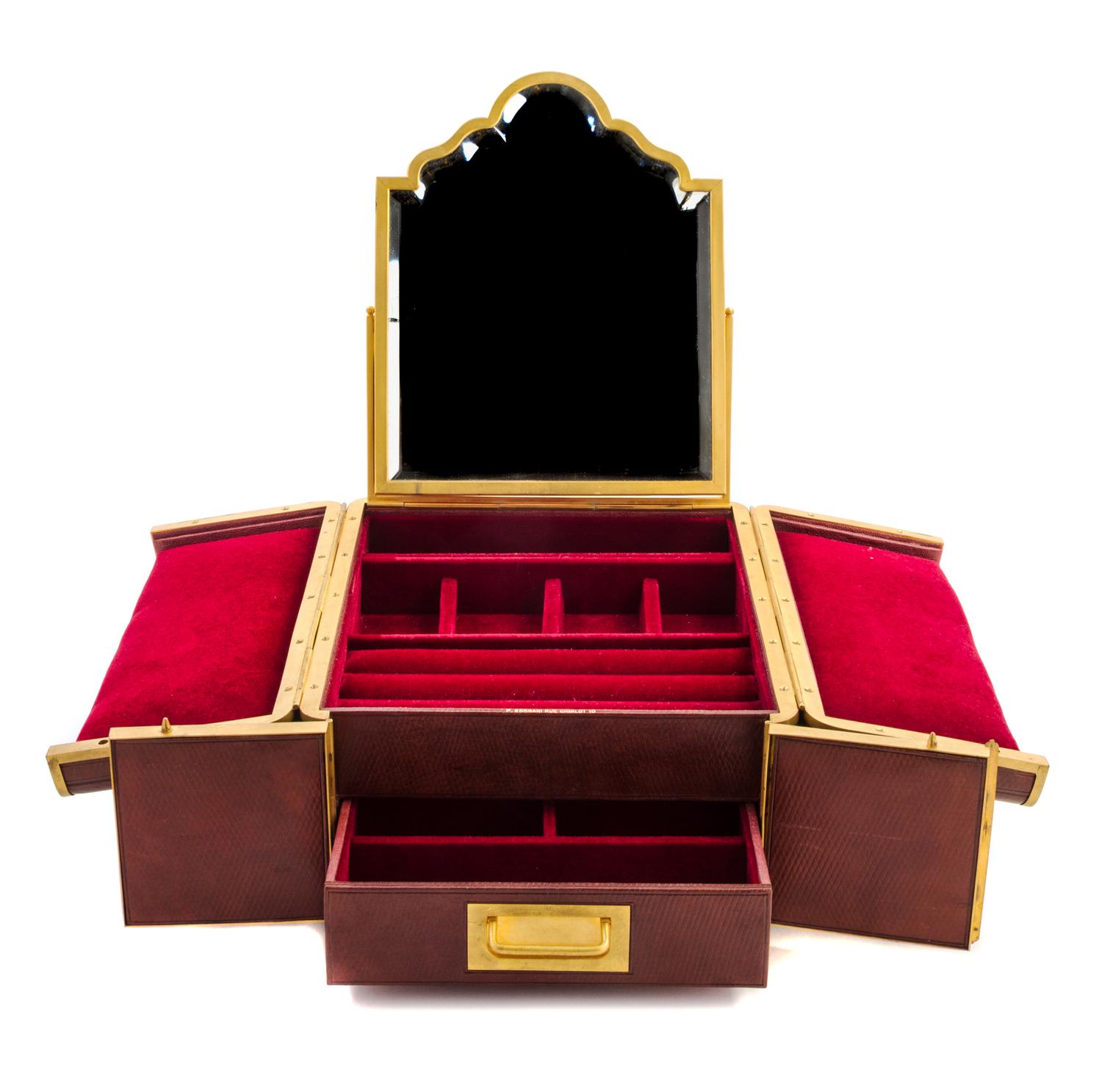 A French Brass Mounted Leather Jewelry Casket Height 5 5/6 x width 9 x depth 11 1/4 inches. — PAUL SORMANI, PARIS, LATE 19TH CENTURY