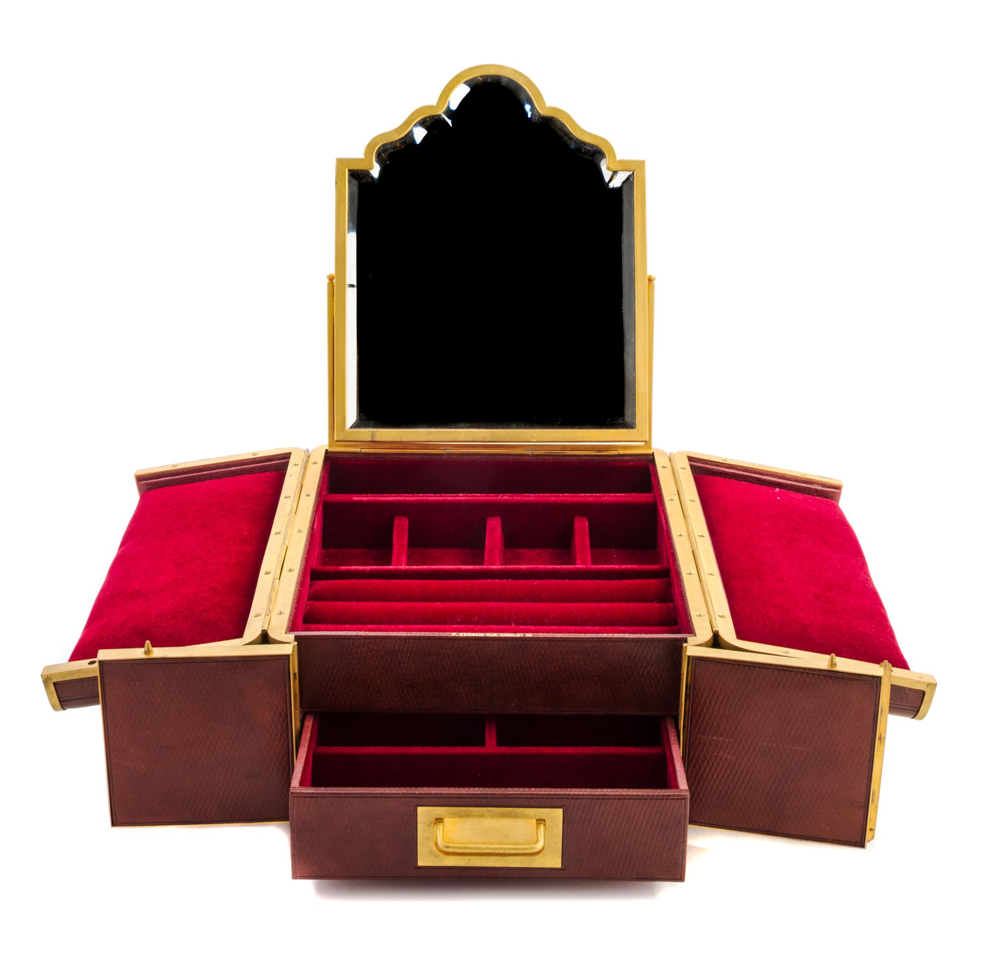 A French Brass Mounted Leather Jewelry Casket Height 5 5/6 x width 9 x depth 11 1/4 inches. — PAUL SORMANI, PARIS, LATE 19TH CENTURY