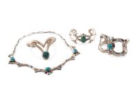 Navajo Sand Cast Silver and Turquoise Cuff Bracelets AND Necklace