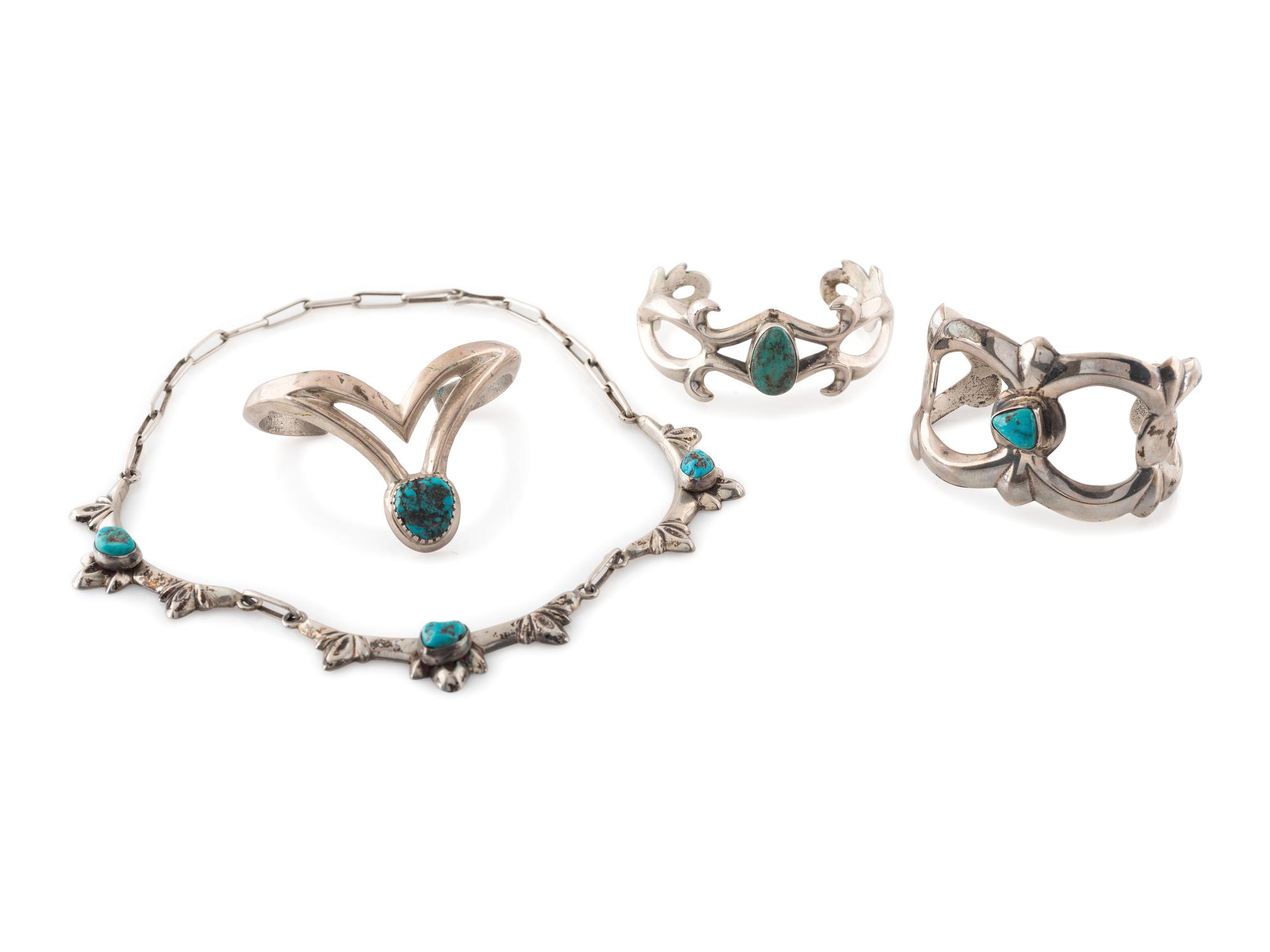 Navajo Sand Cast Silver and Turquoise Cuff Bracelets AND Necklace
